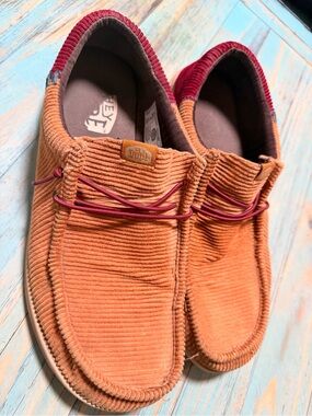 Hey Dude Wally Corduroy Slip-Ons in Rust with Burgundy Accent
